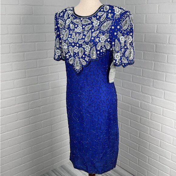 Stenay Dress Women‎ 8 Blue Silver Paisley All Over Embellish Silk Formal VTG NWT - Picture 1 of 16